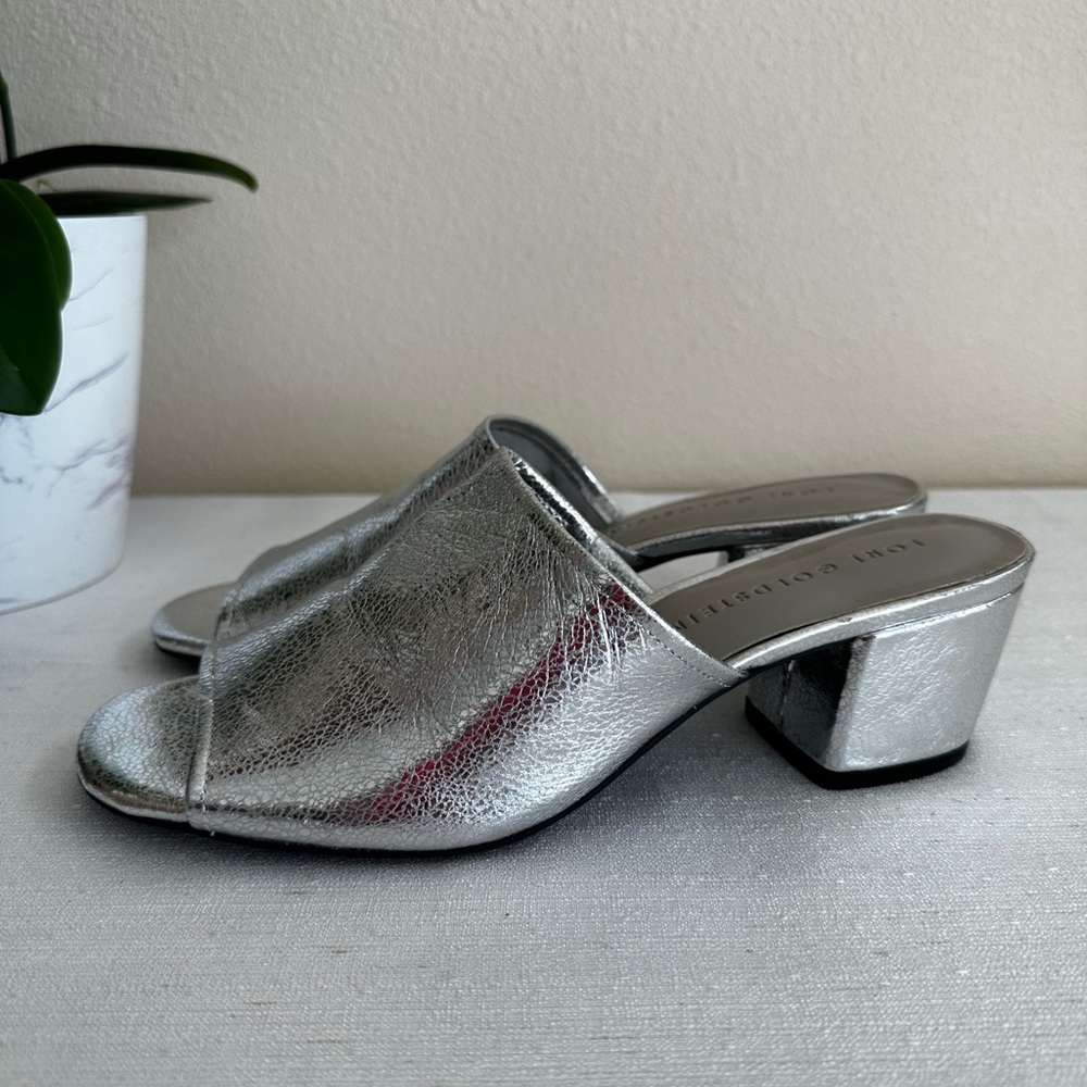 New Lori Goldstein Thalessa Silver Leather Block Heel Slide Sandals Women’s 8M